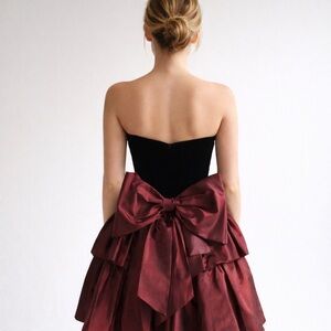 Vintage 80s Gown Strapless dress Black Velvet Velour Dark red iridescent skirt S